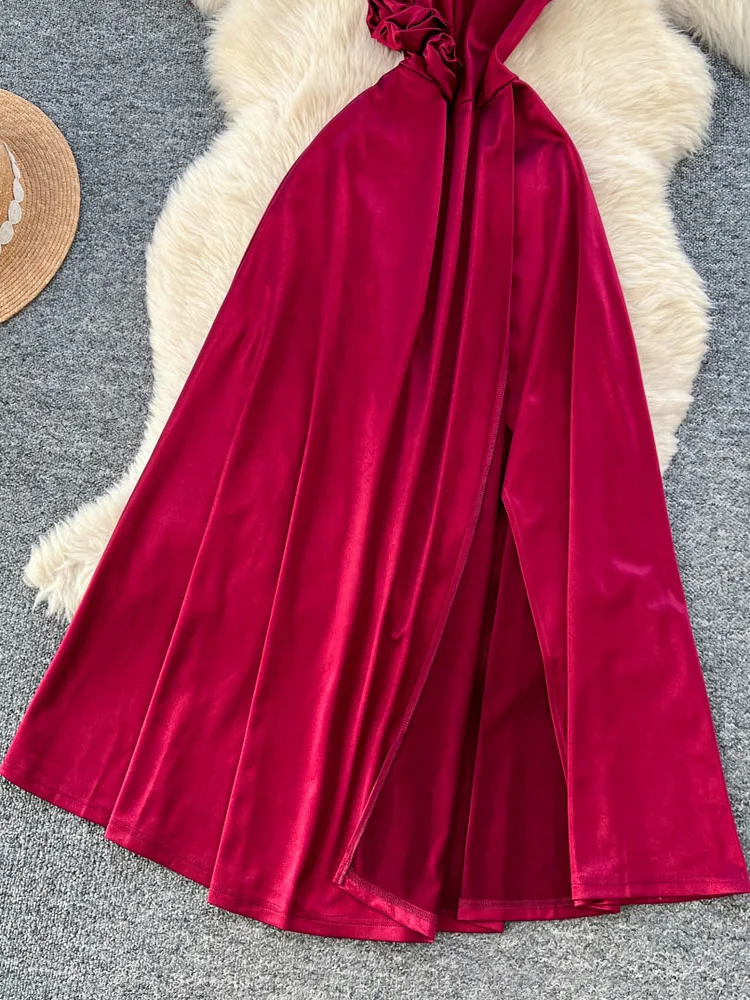 Ele Red Dr レディース ハイウエスト Vネック スベル 非対称ヘムライン ファイオナブルな花柄刺繍 通勤 スレ Dr