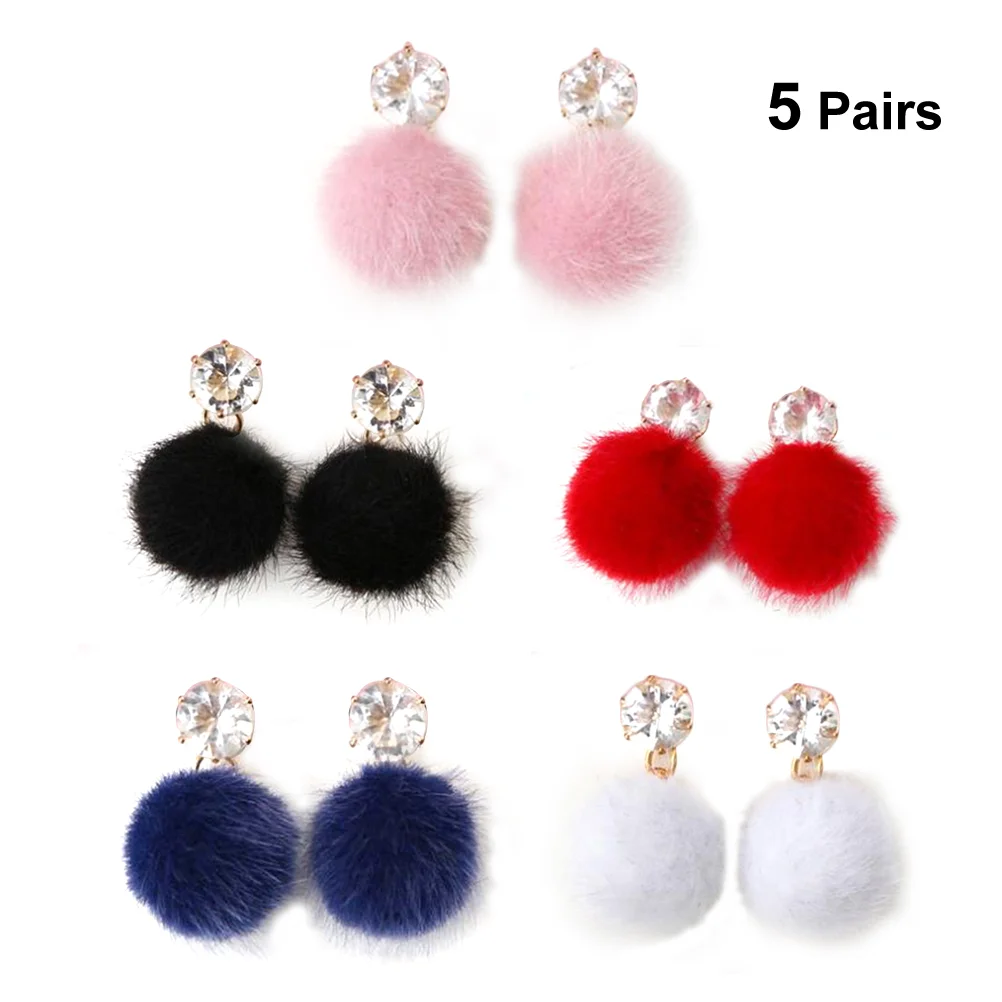 5Pairs Women Fashion Stud Earrings Fluffy Pompom Fur Ball Earring Female Jewelry Gift Ear Stud (Assorted Color Random Style)