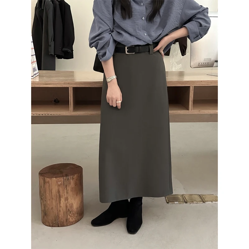 Hellokay Korean Sle High Waist Suit Skirt Bla Midi Skirt Women's Autumn Season Ba Split Polyester Fabric Belted