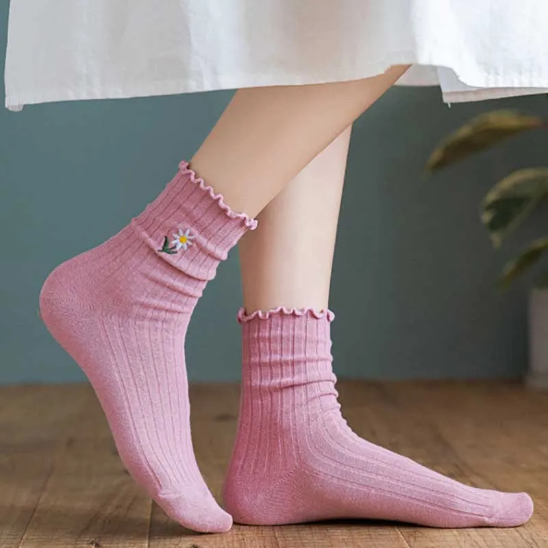 Women Socks Cotton Floral Loose Socks Flower Pattern Print Short Ruffle Socks Cute Kawaii Harajuku Sock Woman Streetwear Soks