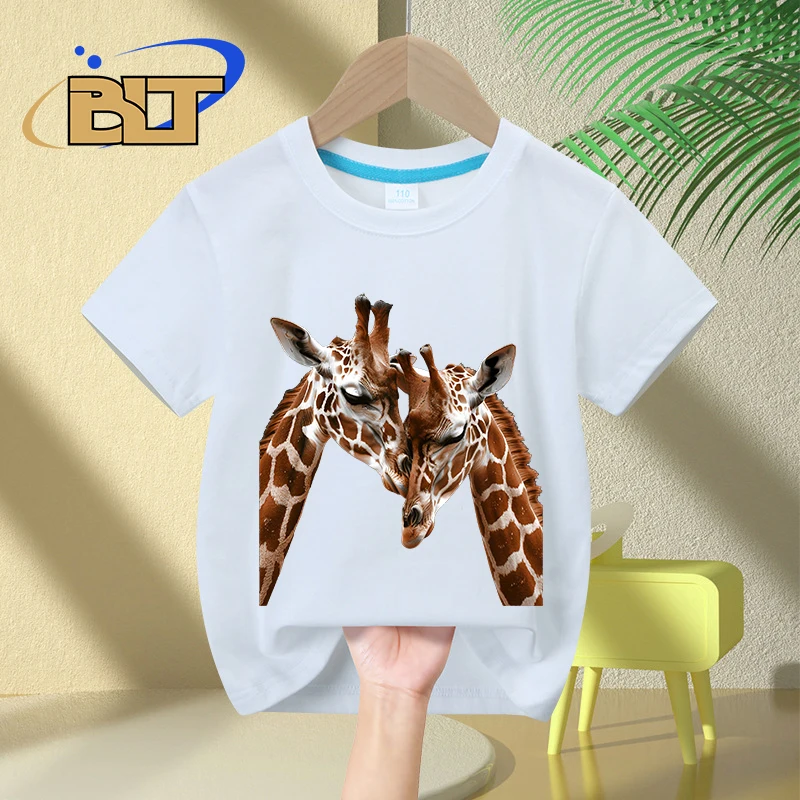 

Giraffe print children's clothing summer kids T-shirt pure cotton short-sleeved casual tops boys and girls gifts