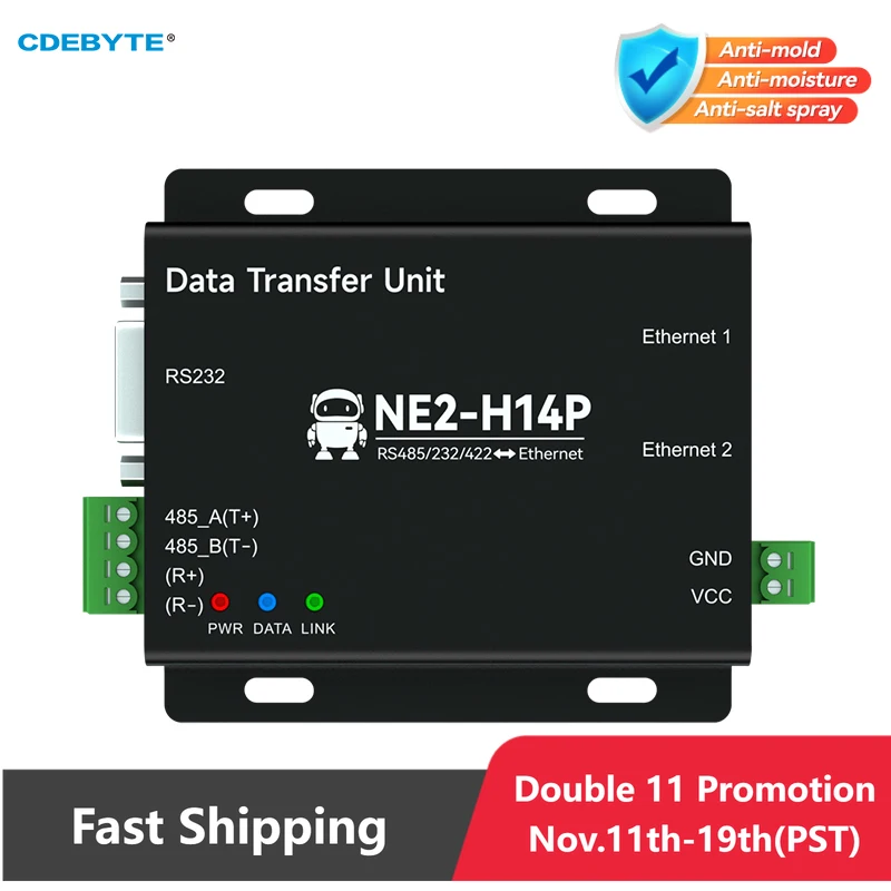 

RS485/232/422 to Ethernet Serial Server ModBus Gateway CDEBYTE NE2-H14P Build-in Switch Link MQTT Power and Signal Isolation