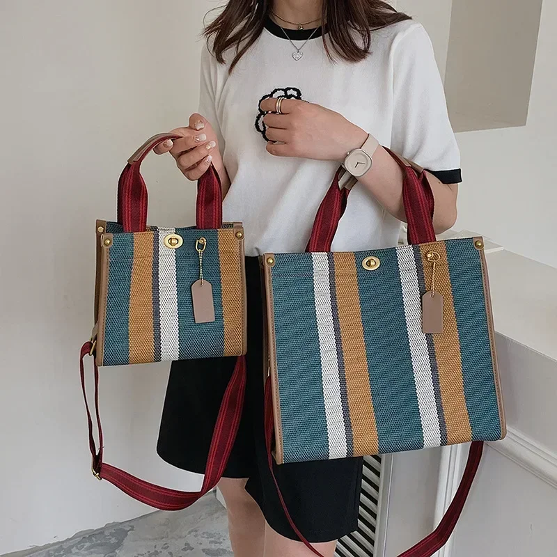 

Canvas Stripe Tote Bag Vintage Shoulder Crossbody Bags Large Small Size Versatile Women's Handbags Shopping Storage Handbag