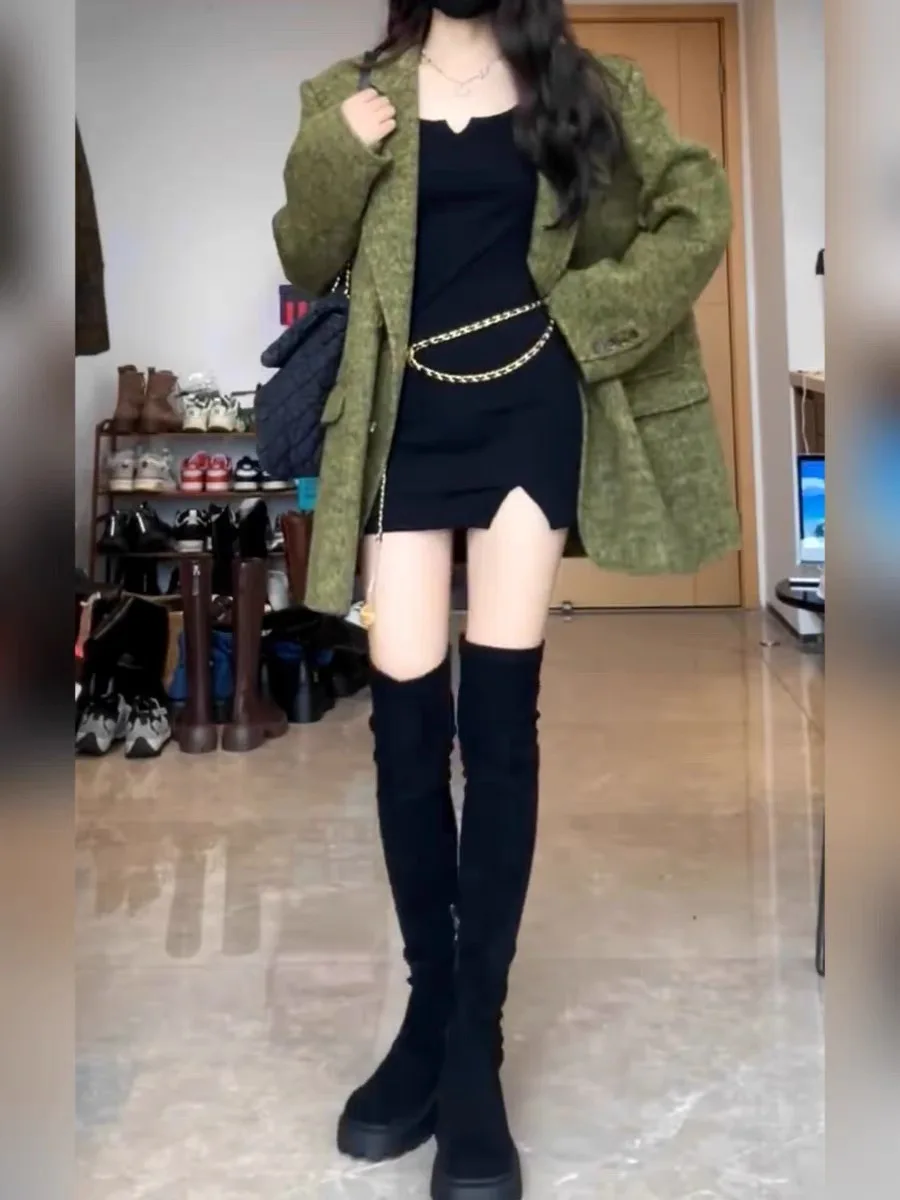 

2023 Autumn Winter New Women's Long Sleeve Suit Collar Buttons Back Slit Blazers Femenino Loose Green Woolen Coat Female