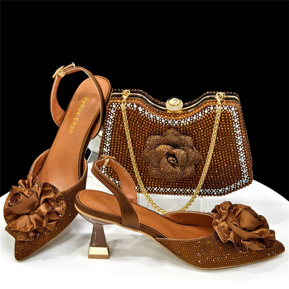 

Nigerian Heel Party for Women Brown Color Shoes and Bag Set Rhinestone Handbag Italian Design Wedding INS 2026