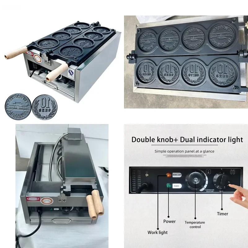 Commercial Japanese 10 Yen Coin Waffle Maker Double Layer Electric Gas 4 Piece Cake Machine Custom Logo for Gold Coin Shape