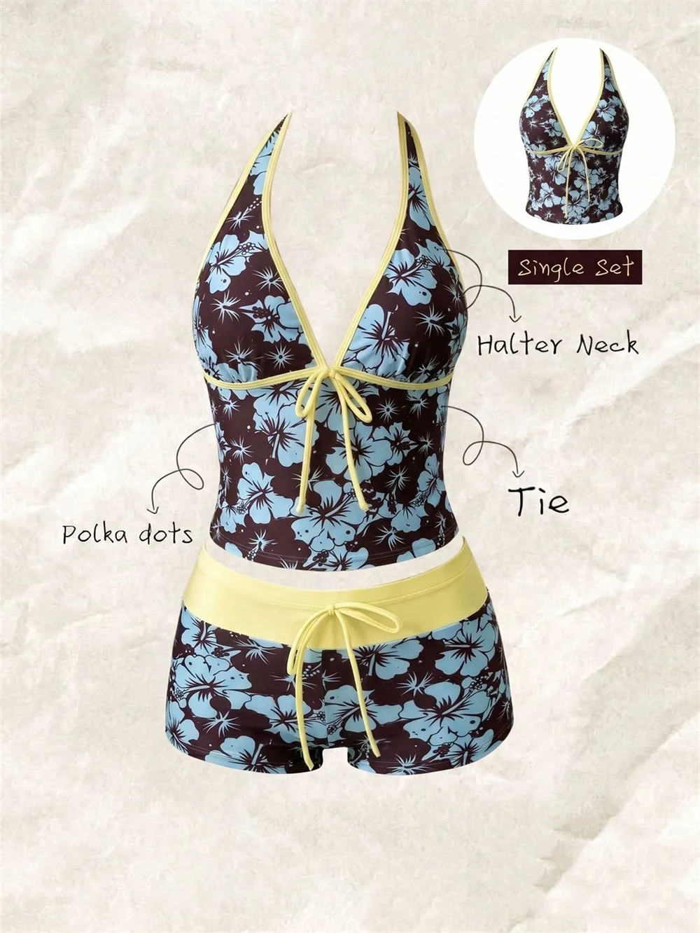 blue printed yellow Bikini shorts Women's Bikinis and Tankinis halter push up floral Swimsuit dot Swimwear vacation beach Outfit