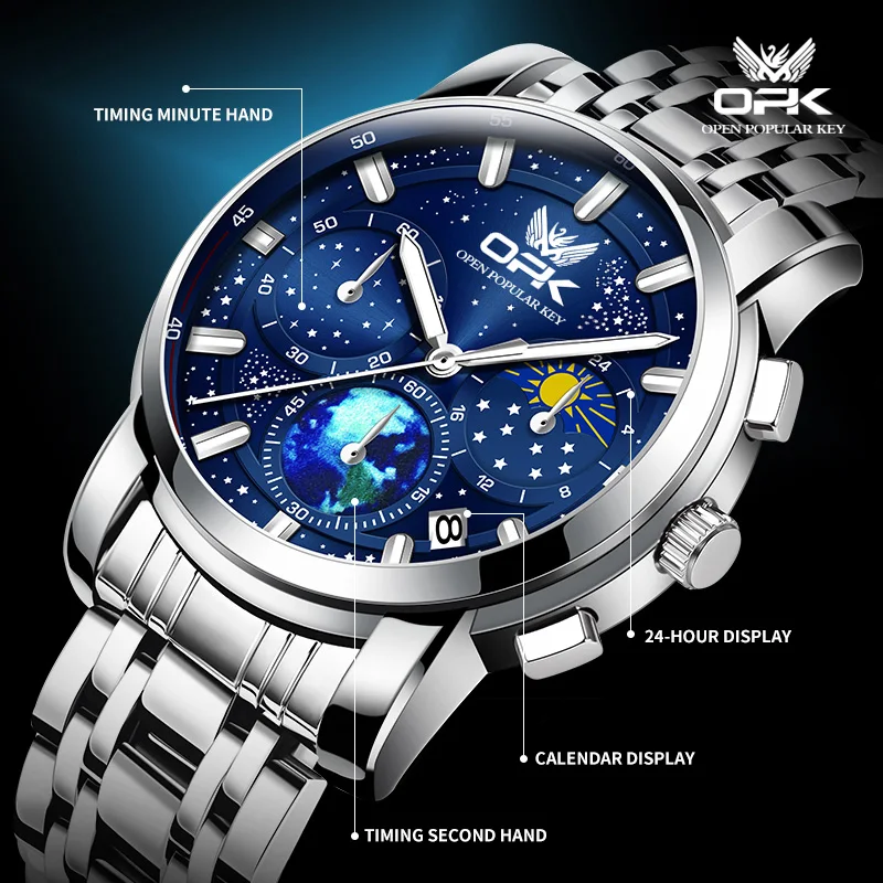 OPK Quartz Watch for Men Starry Sky Display Moon phase Multifunctional Stainless Steel Waterproof Luxury Men\'s Quartz Watch 8142