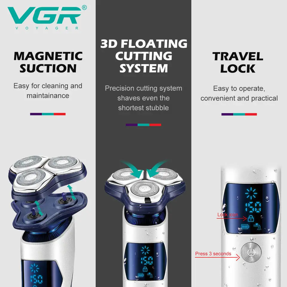 VGR 3D Pro Electric Shaver For Men Washable Beard Rotary Electric Razor Rechargeable Facial Shaving Machine Wet Dry USB