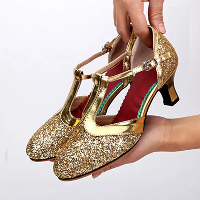 New Golden Sliver Sequin Modern Dance Shoes Women Ladies Closed Toe Tango Shoes Waltz Indoor/Outdoor Dancing Heels 3.5/5.5/7.5CM