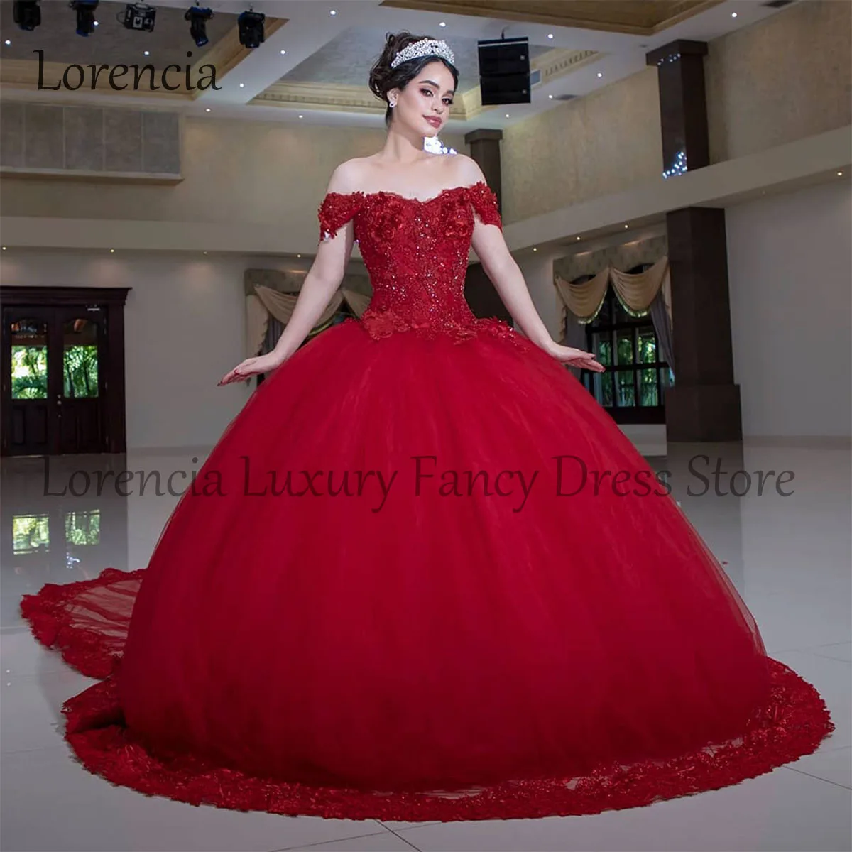 

Red 2024 Quinceanera Dress Applique Off The Shoulder Ball Gown Tulle Open Back Corset Sweet 15 16 Formal Vestidos De Fiesta