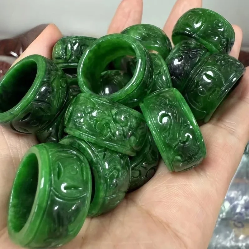 Natural Green Jade Money Carving Ring 18-19mm Fingerstall Jadeite Fashion Charm Jewelry Hand Carved Crafts Luck Gifts Women Men view 5