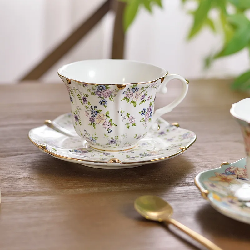 European floral printing ceramic espresso coffee cup British teacup set retro ceramic coffee cup saucer set