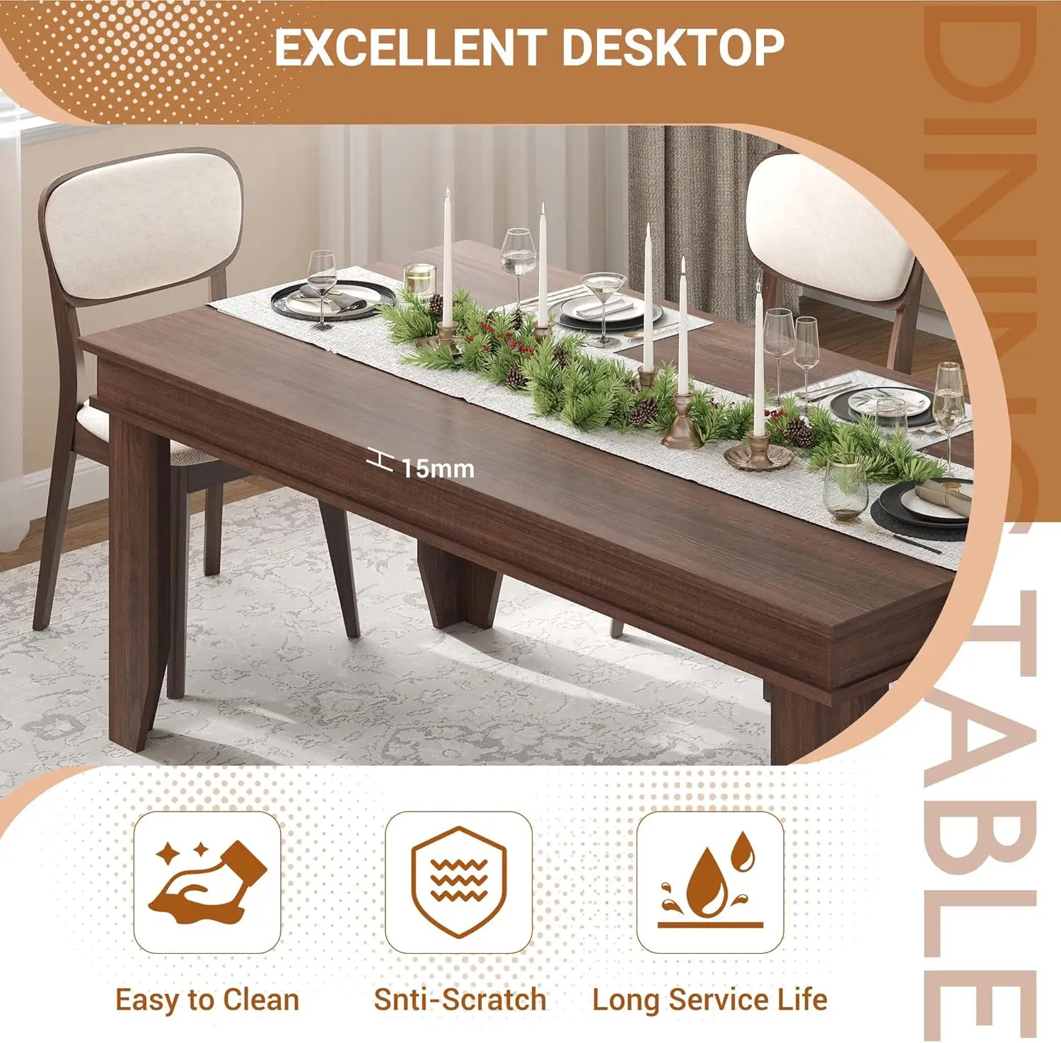 70 Inch Farmhouse Dining Table for 4-6 People, Large Wood Rectangle Kitchen Table, Dinner Table for Kitchen Dining Room