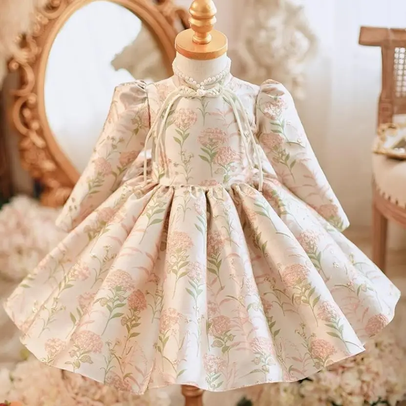 

2024 New Children's Long Sleeve Evening Gown Kids Catwalk Wedding Birthday Baptism Party Girls Princess Dress A3418