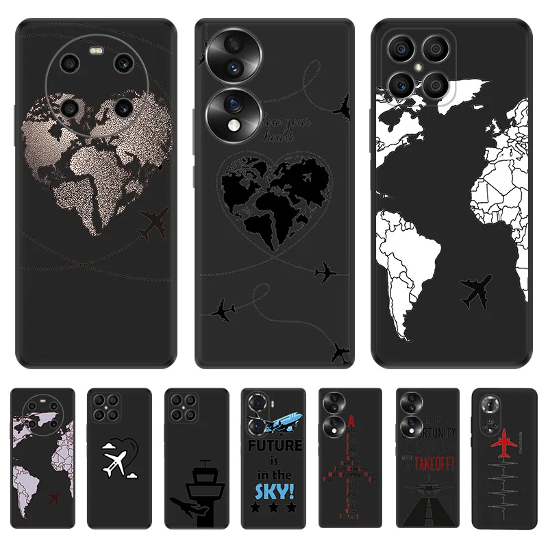 Black Soft Phone Case for Honor Magic5 Pro X7b X8b X9b X6 X7 X8 X9 A 90 70 X6A X8A Airplane World Map Pixel 6 7 8 6a 7a 8a Cover