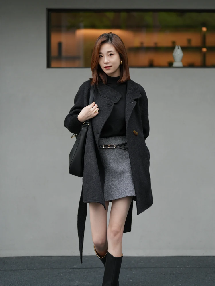 

Новое осенне-зимнее женское двустороннее шерстяное пальто средней длины с воротником-стойкой и завязками, черное, из камвольной шерсти