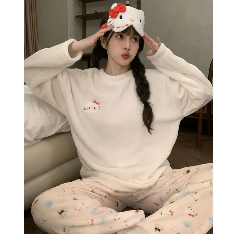 Kuchen Hellokitty Winter Flanell Mädchen Langarm Hosen Plus Samt Verdickt Bequeme Warme Pyjamas Set Lose Hause Kleidung