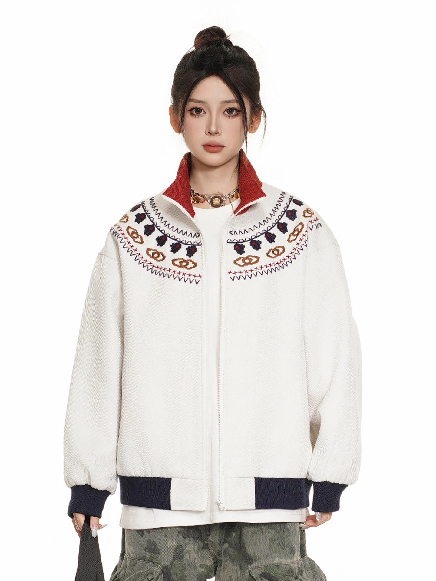 

American Retro Ethnic Sle Color Blo Collar Jaet Spring New Fair Isle Embroidery Sports Coat Youth ular Loose Fit