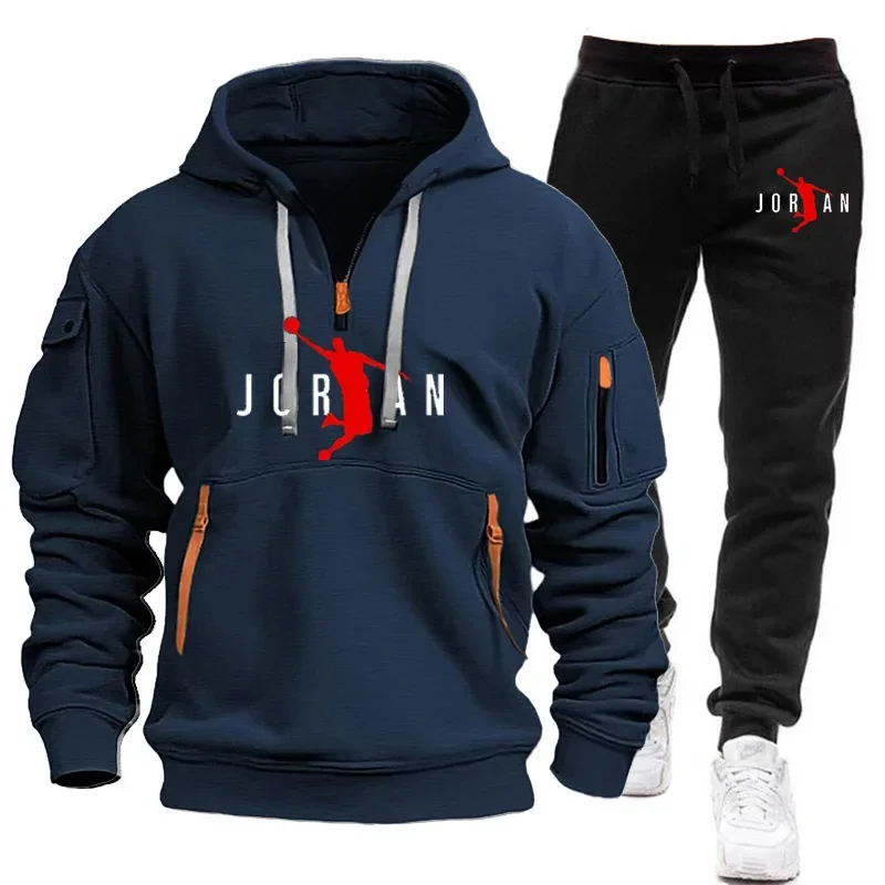 Agasalho masculino outono e inverno, elegante jumper de jogging ao ar livre + calças 2 conjuntos, novo moletom com capuz masculino, terno de lazer