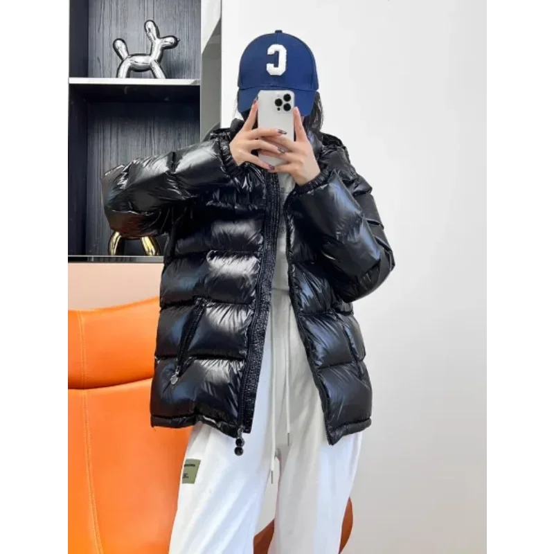

Men Fashion Casual Shiny Parkas Thick Warm Glossy White Duck Zipper Male Hooded Youth Women Jacket New Winter Bright Down Coat