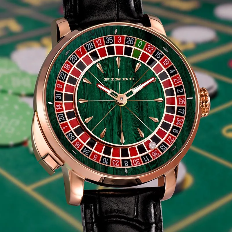 PINDU جديد الخشب الحبوب ساعة ميكانيكية للرجال NH35A زر القمار الجدول لعبة الروليت الساعات مؤشر ساعة الياقوت للرجال #5