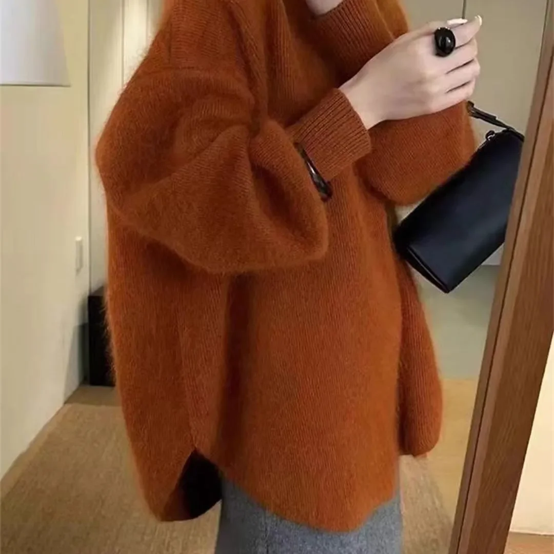 Women Fuzzy Mohair Sweater Loose Lantern Sleeve Crew Neck Long Knit Jumper Casual Warm Pullover Tunic Top