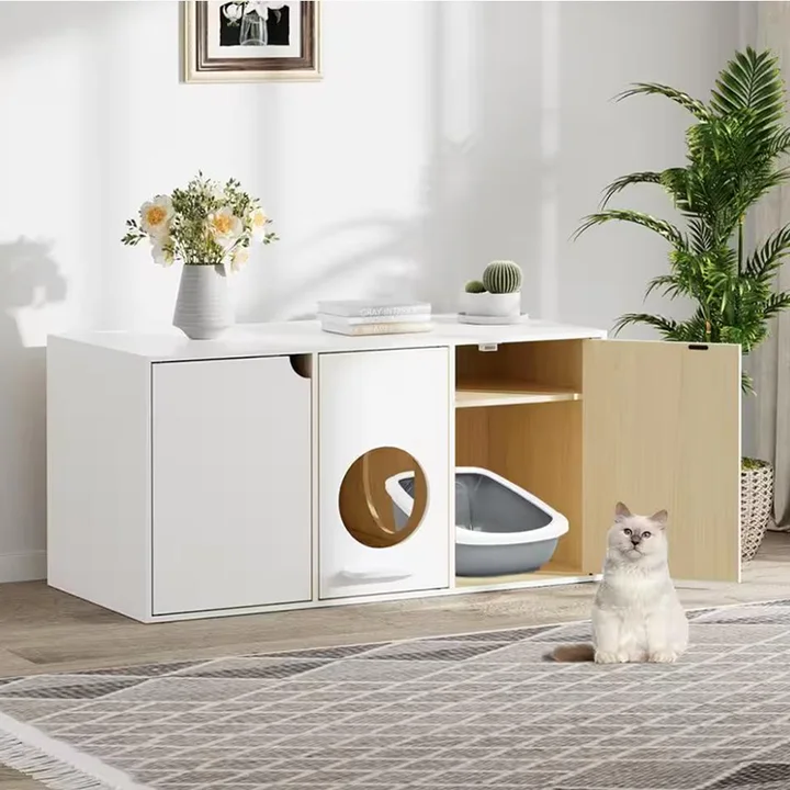 Modern Multifunctional Wooden Pet Cabinet Solid Pattern Hidden Cat Litter Box Enclosure with Storage Shelves Button Closure Type