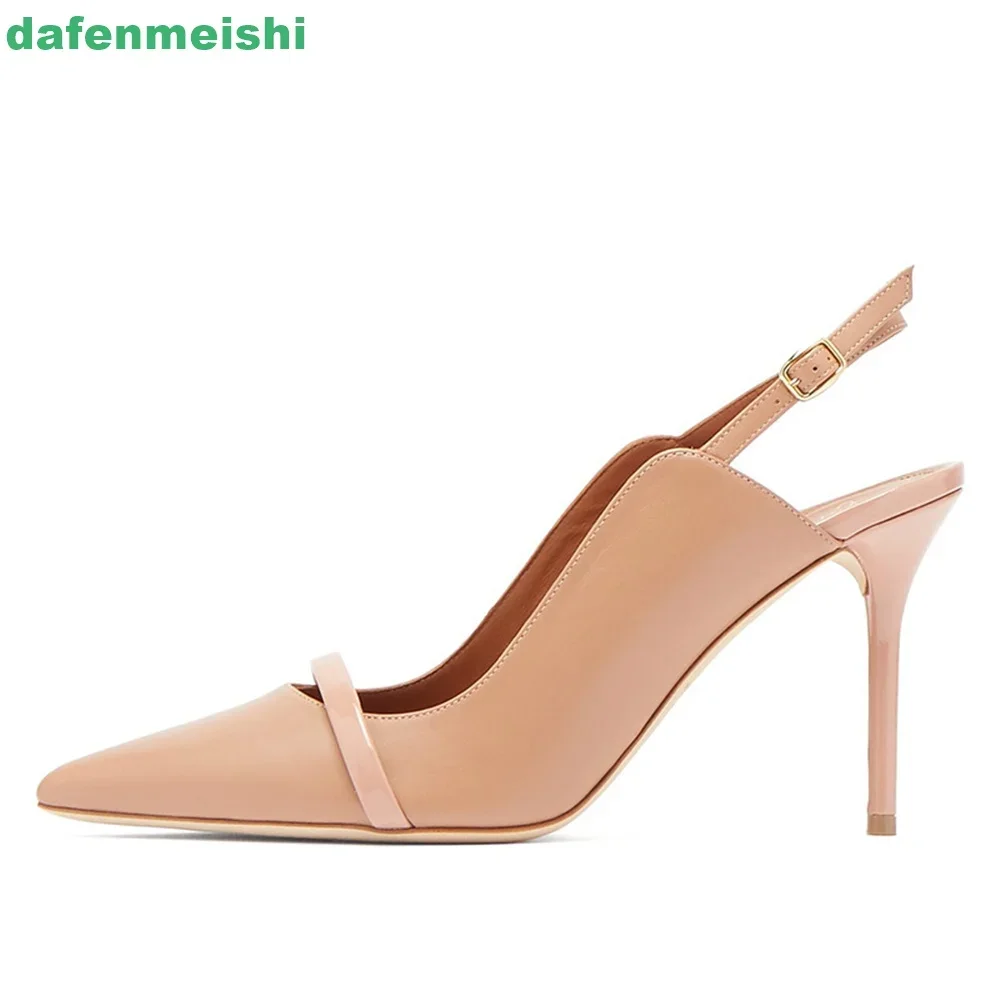 

2026 New Nude Women Sandals Pointed Toe Back Strap Slingback Thin High Heels Shallow Fashion Party Sandals 10Cm Heel Mules