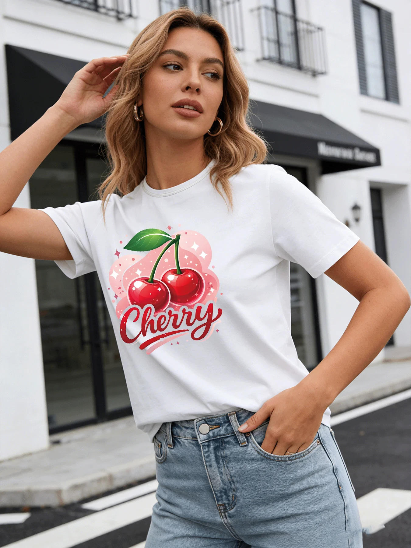 

2026 Spring/Summer New Women's Round Neck Fashion Casual Loose T-Shirt with Cherry Print Top