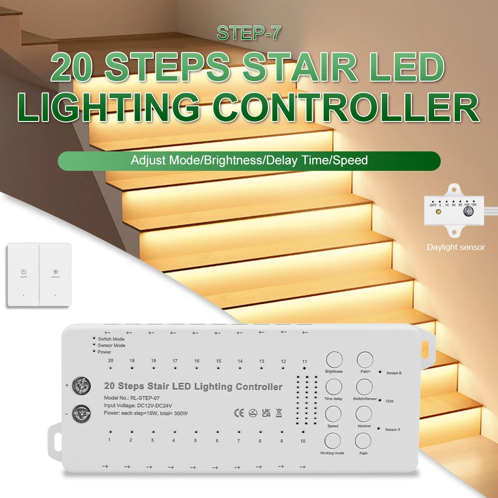 Motion Sensor Stairs LED Light Tape 20 Steps Main COB LED Light Fast Connect Cable Wall Switch Control PIR Sensor 24V Room Decor