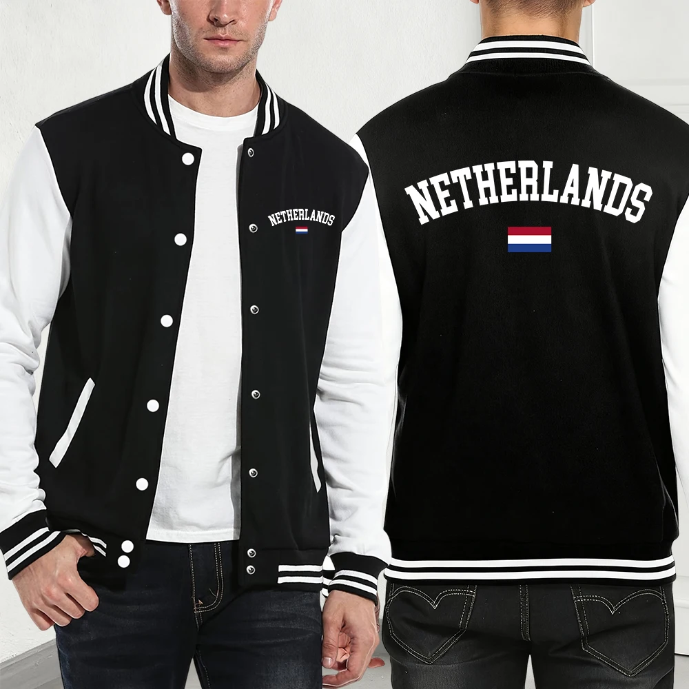 

Netherlands Flag Printing Coats Mens Winter Pocket Baseball Jersey Fleece Warm Loose Jackets Casual Comfortable Male Clothes