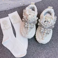 Baskets de sport respirantes pour enfants avec perles roses et diamants, chaussures plates décontractées pour filles, baskets de course pour enfants, marque de mode, printemps, 2023