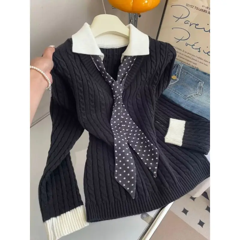 

Вязаный свитер в стиле пэчворк, черный, с длинным рукавом, однотонный, осенне-зимний, с отложным воротником, пуловер, топ