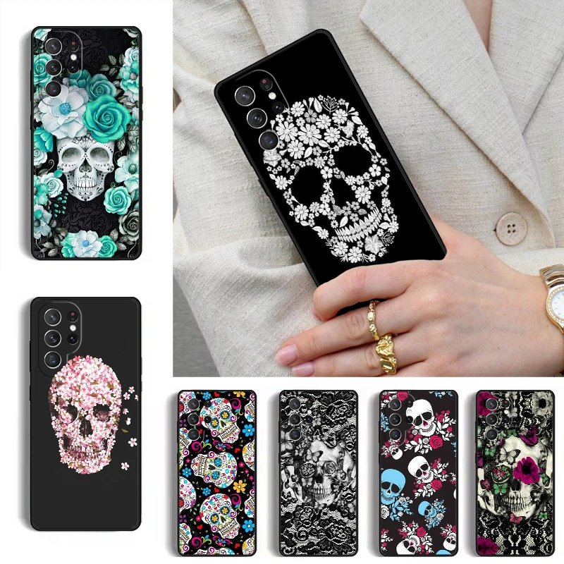 Retro Pattern Flower Skull Phone Case for Samsung Galaxy S26 S25 Ultra S24 S23 S22 S21 Plus Note 10 Bumper Cover