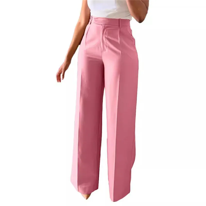 Wedifor-pantalones rectos elegantes de cintura alta para mujer, pantalón informal de Color sólido, sencillo, para trabajo de oficina, nueva moda