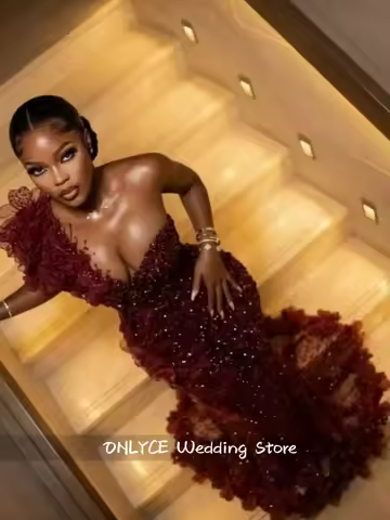 Shinny Burgundy Prom Dresses Black Girls 2026 Luxury One Shoulder Mermaid Birthday Party Sequin Evening Dress Customized