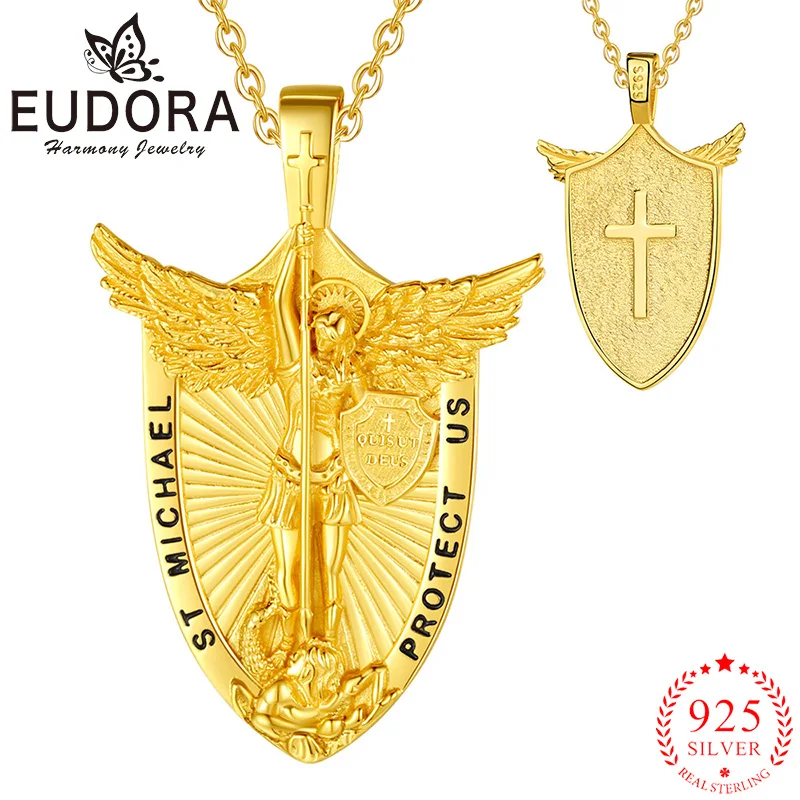 

Eudora 925 Sterling Silver Saint Michael Archangel Necklace 18K Gold Cross Amulet Shield Pendant Religious Jewelry Men Fine Gift