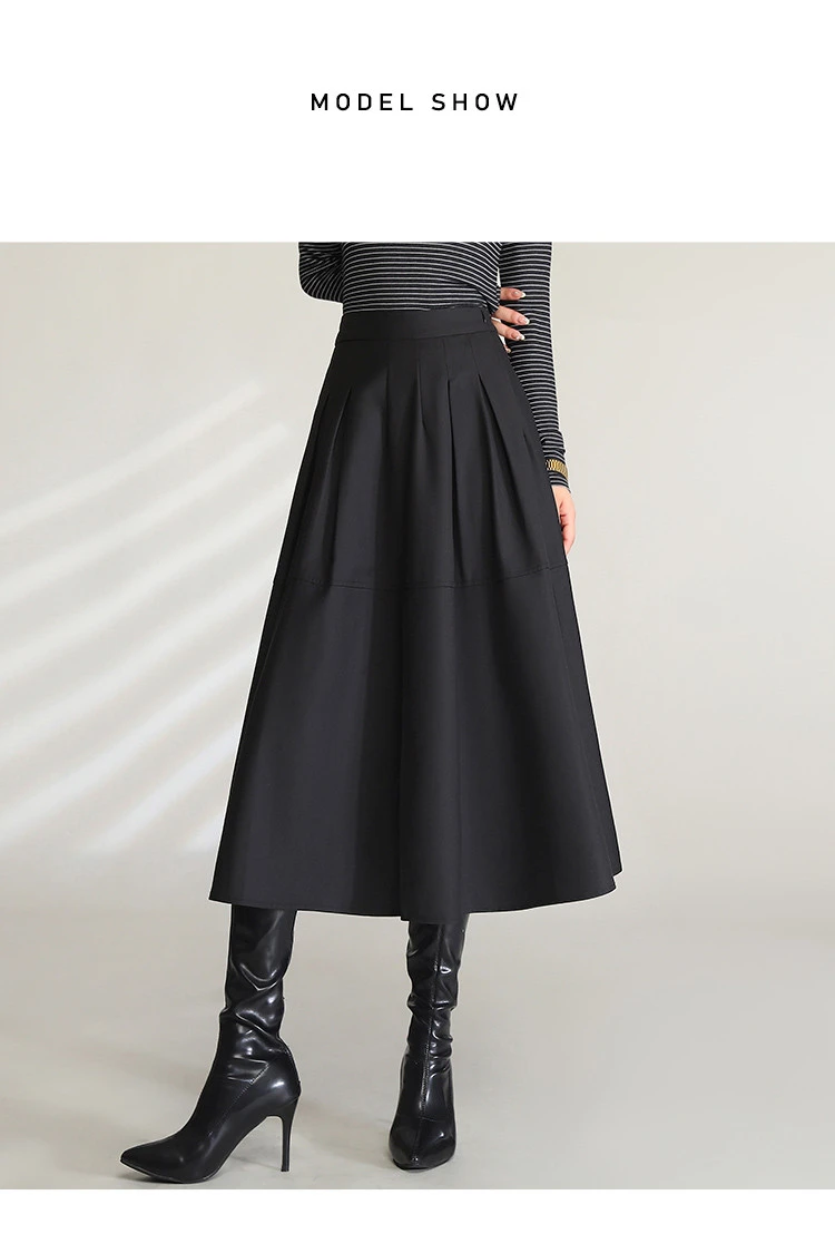 LOUIS YAO Women Elegant Black Midi Skirts 2024 High Waist Commuting Casual A Line Umbrella Long Skirt with Slit and Pockets