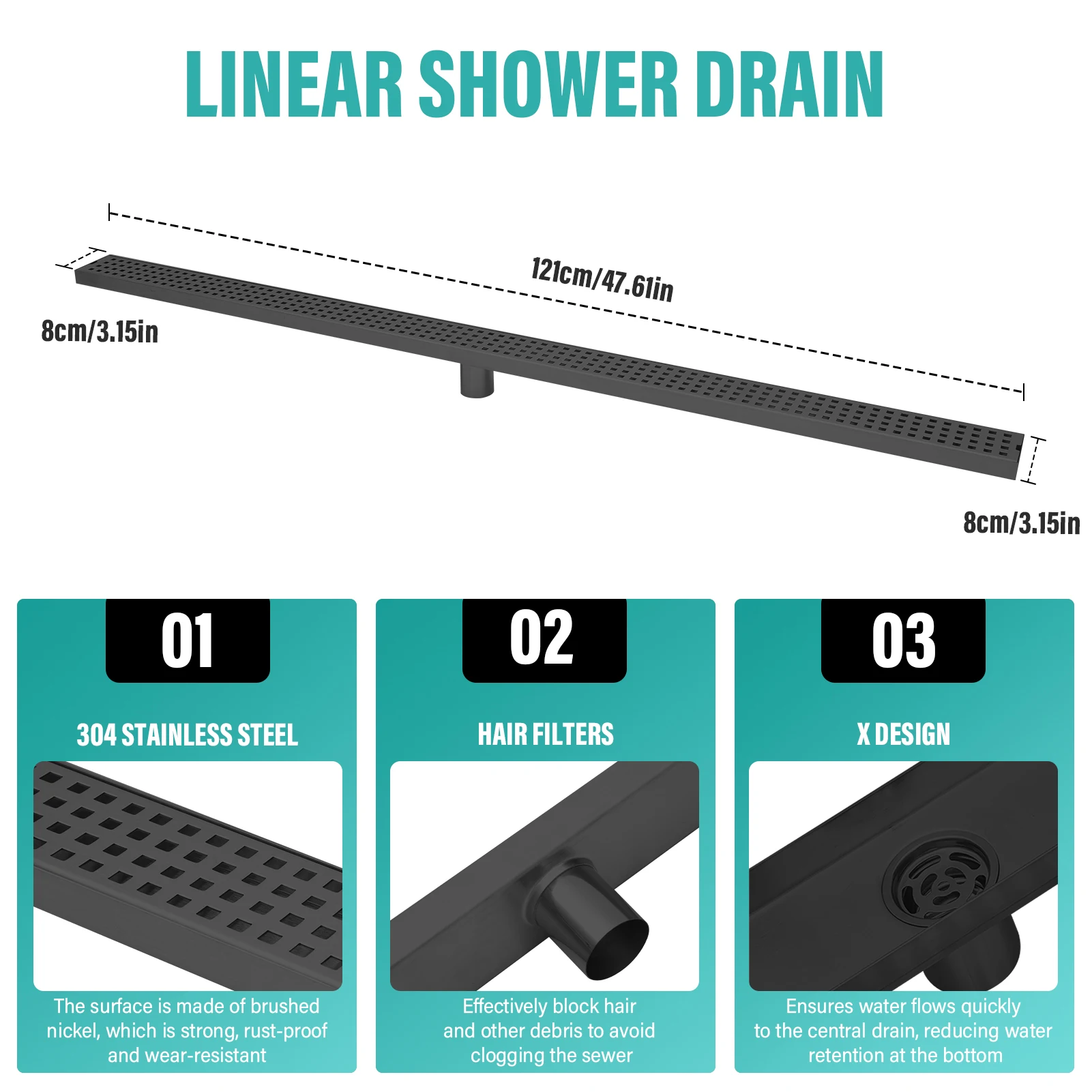 استنزاف دش خطي، استنزاف خطي عالي التحمل 48 بوصة، استنزاف الحمام مع مصفاة شعر للطابق السفلي والمطبخ والطابق السفلي #2