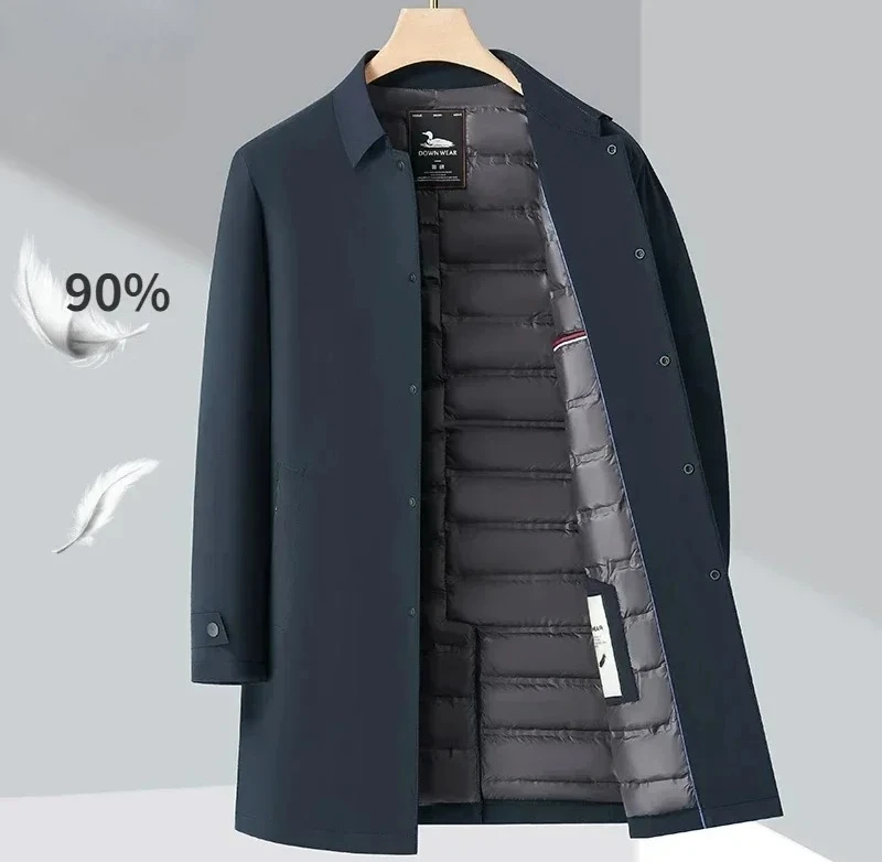 

Luxury Brand Long Down Jacket White Duck Down Warm Parka Men's Winter Casual Thick Flip Collar Business Lightweight Trench Coat