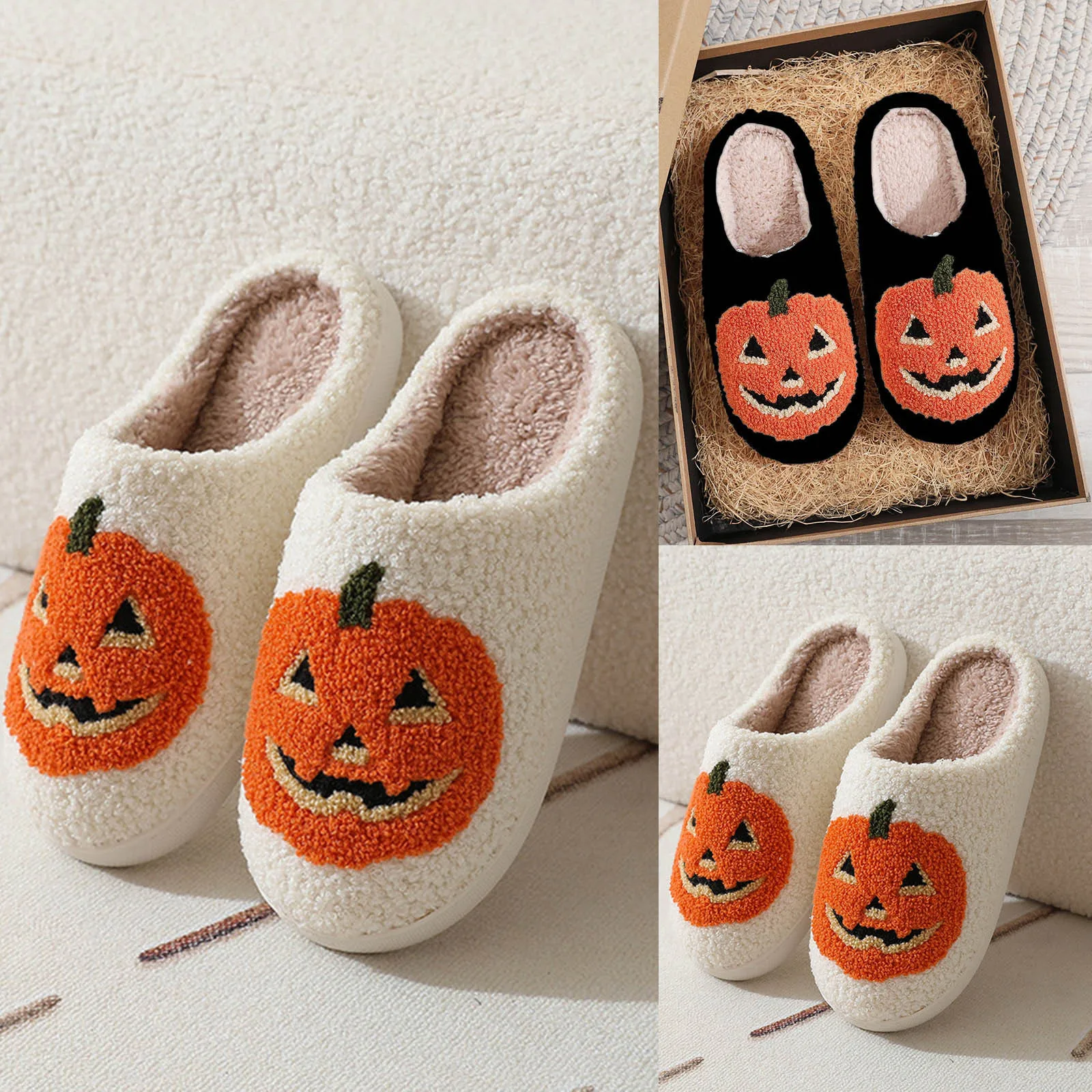 Cotton Fluffy Slippers Home Cartoon Pumpkin Platform Plush Slides Couple 2024 Funny Halloween Casual Designer Shoes Women Indoor