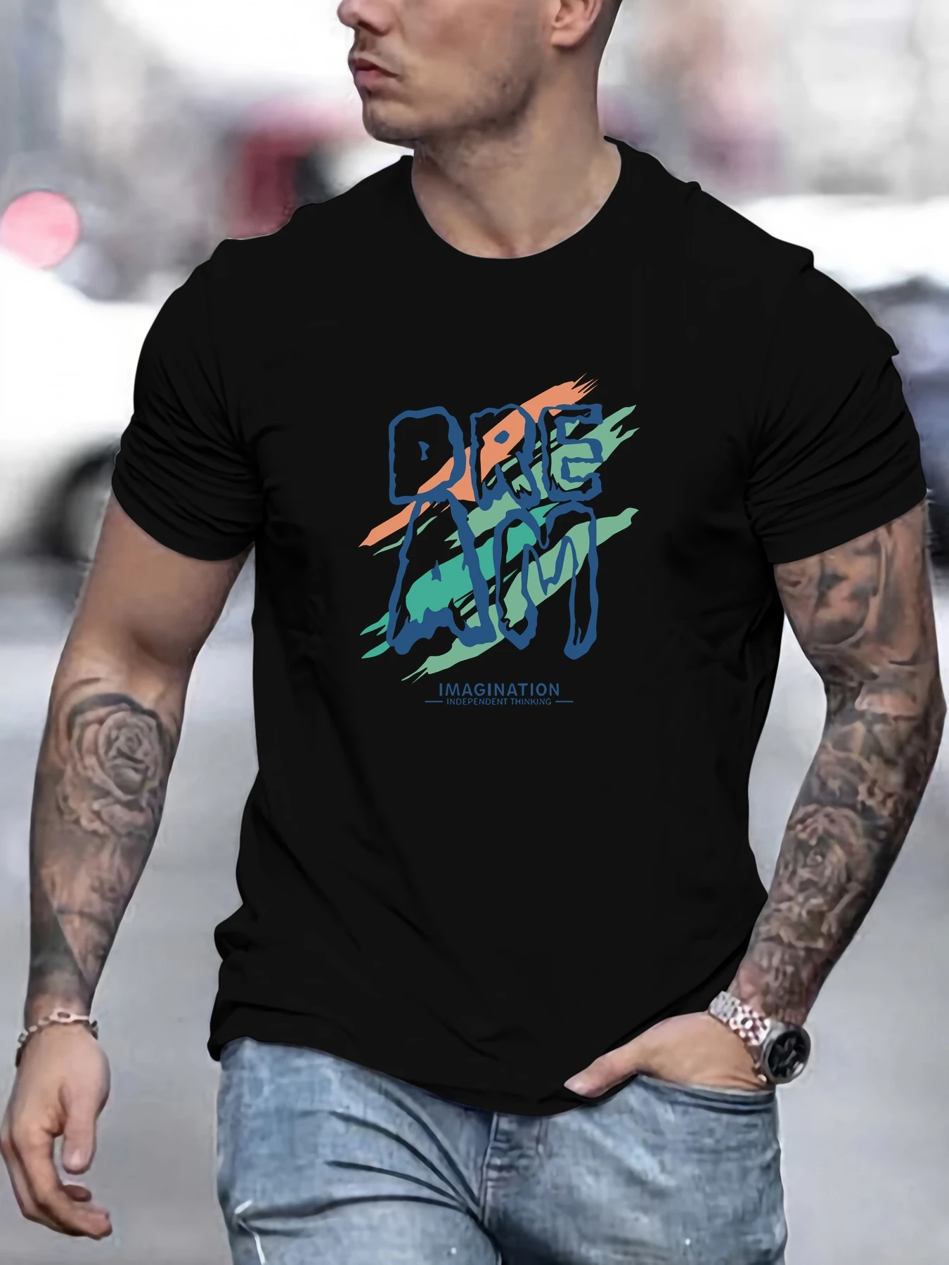 

Men's DREAM pattern summer casual crew neck short T-shirt
