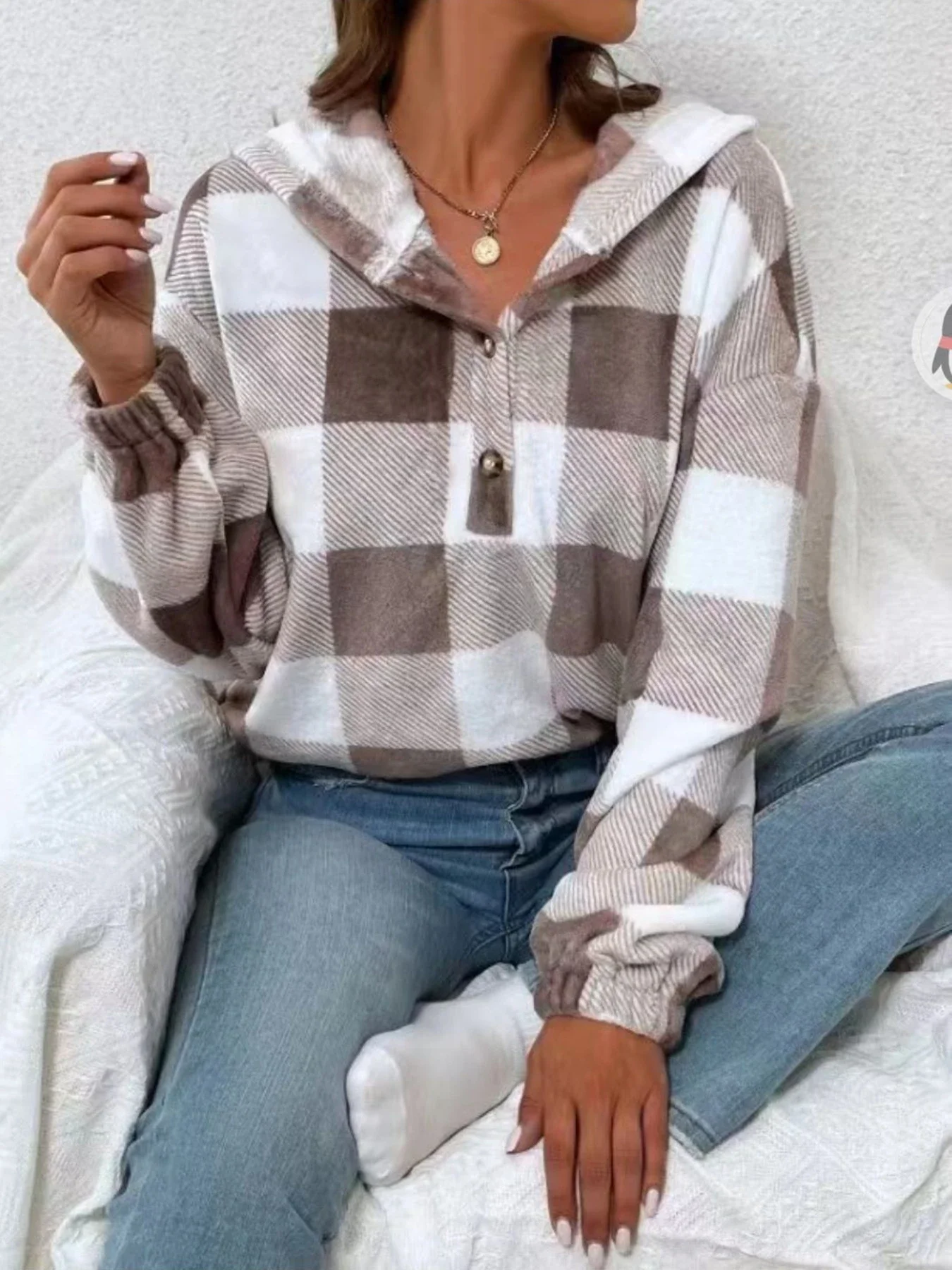 Plus Size Women's Fashion Long Sleeve Hooded Sweatshirt Ladies Casual Half Open Collar Button Full Sleeve Pullovers