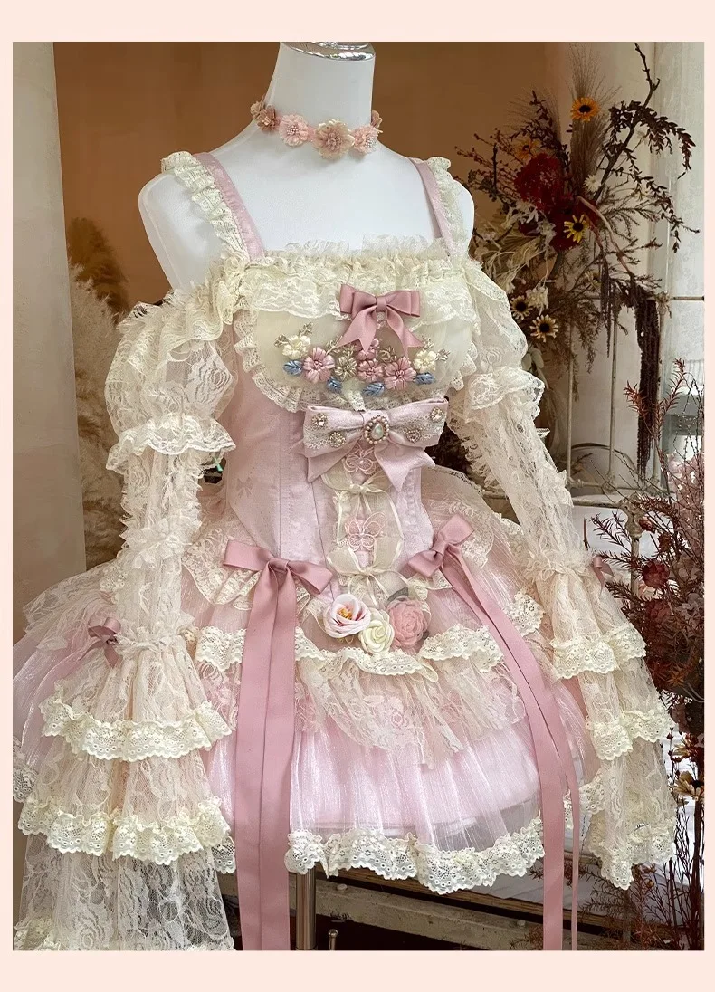 Autunno primavera dolce Lolita senza maniche rosa Patch pizzo luce Lolita vestito rosa fata abito da ballo