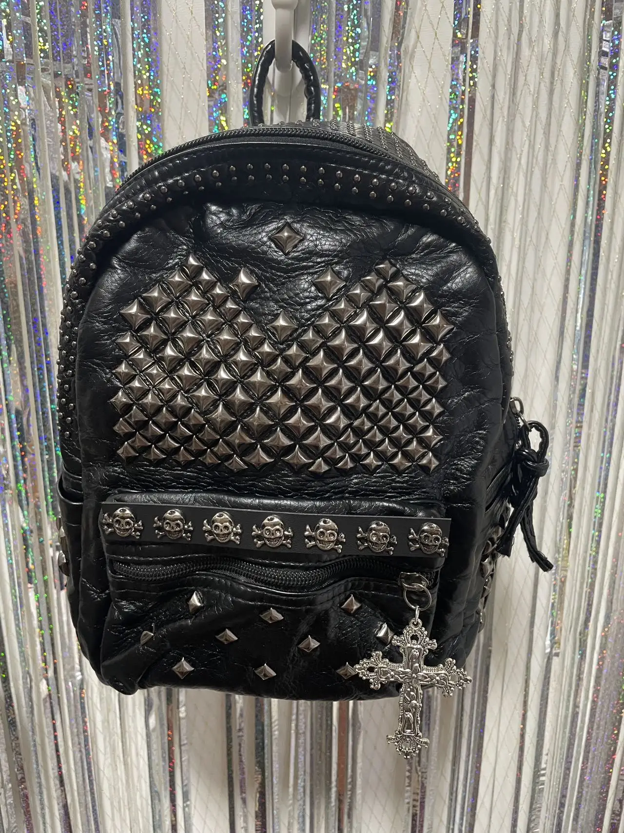 Punk Pyramid Studded Backpack Y2K Black Faux Leather Mini Backpack Skull Rivet Cross Charm Gothic Alt Rock Daypack