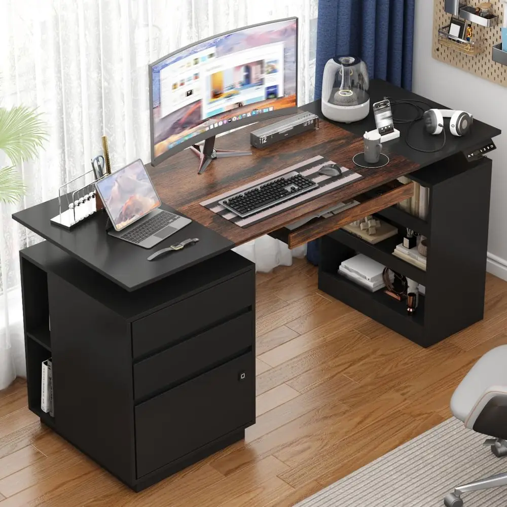 

63 Adjustable Height Electric Desk with Lockable Drawer, Pegboard, and Keyboard Tray, Black Home/Office Gaming Desk with Cabinet