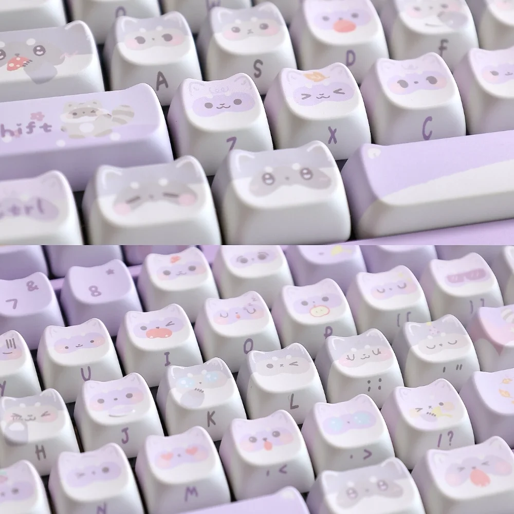 141 klawiszy Raccoon Team Cute Cat Head Keycaps MAO Profile PBT Thermal Sublimation Mechanical Keyboard Caps Lilac Purple Meow Keycap