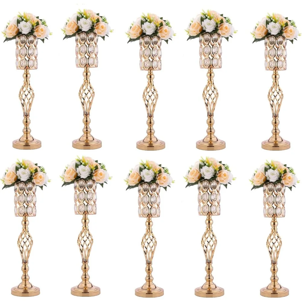 

10 Metal Diamond Crystal Wedding Centerpiece Vases for Tables, 24in Gold Versatile Tall Flower Holders Centerpiece Flower