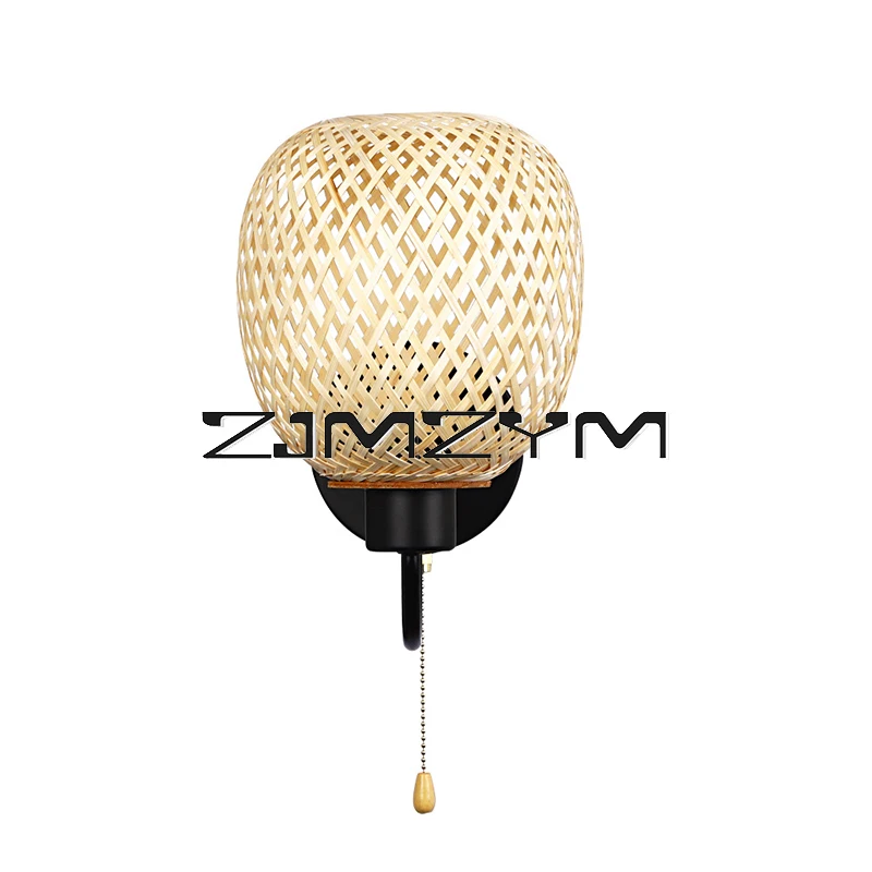 Modern Bamboo Weaving Wall Lamp Idyllic Style Hand Woven Sconce Home Deco Bedside LED Wall Light With Switch Interior Lighting